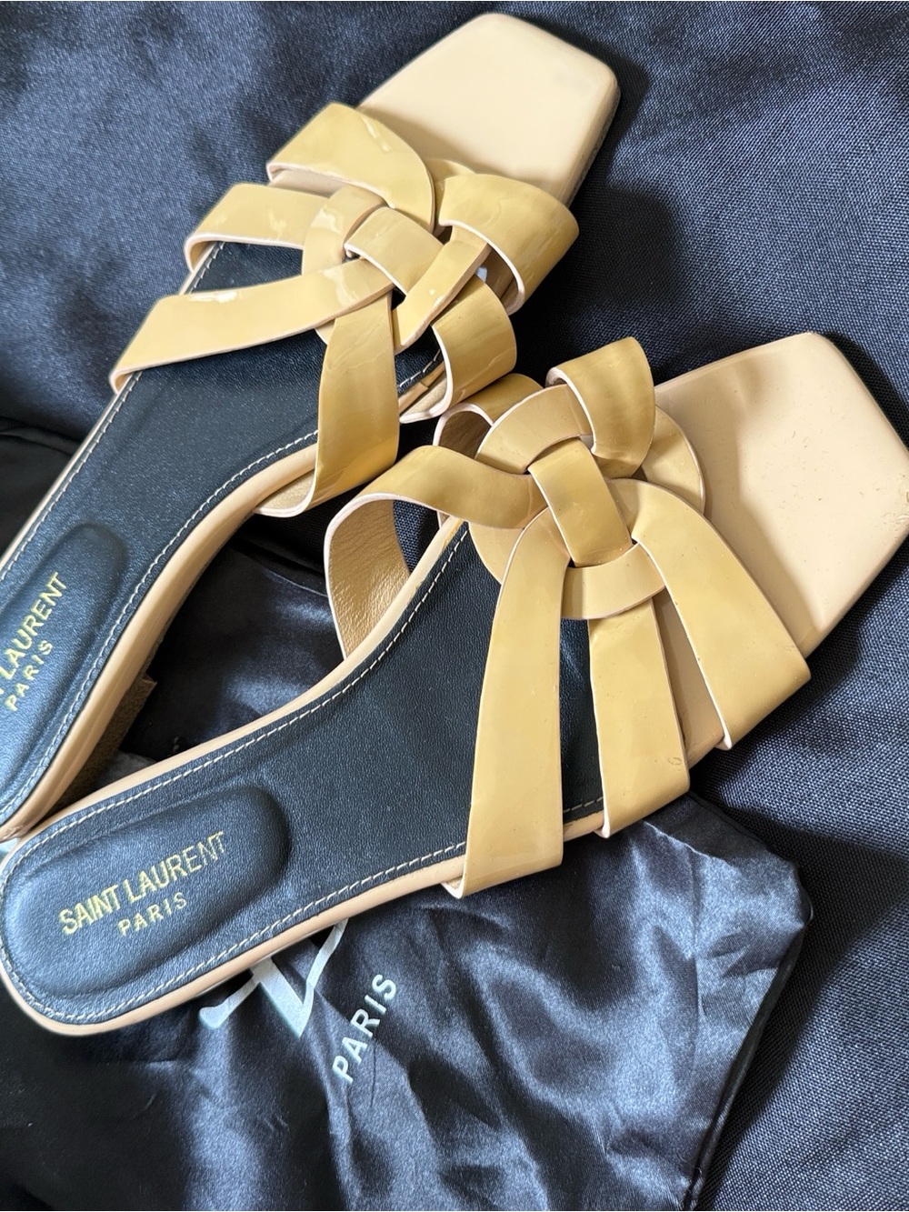 New Saint Laurent Beige Knot Slide Sandals